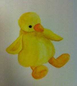 Akvarellmålning föreställande en gul kyckling. Påskpynt.