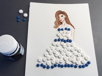 Akvarell, kvinna i klänning av piller. Pillerkonst. Arcoxia.