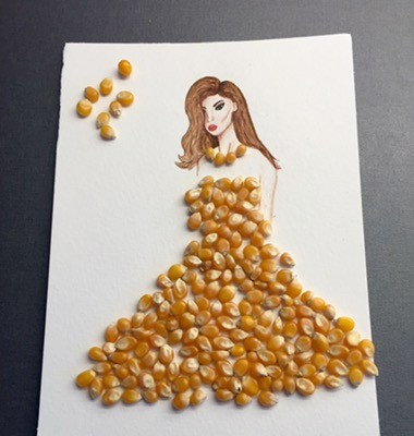 Akvarell, kvinna i klänning av popcorn