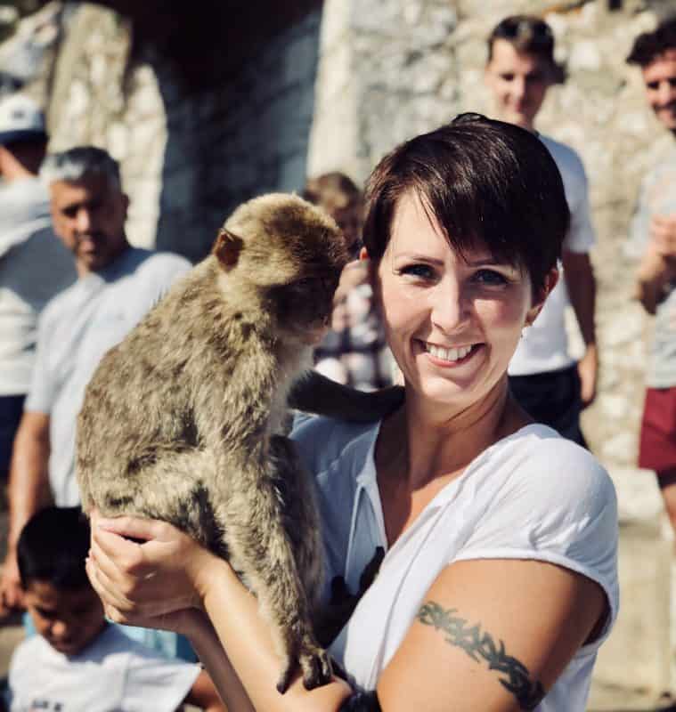 Klara Schmidtz and a monkey in Gibraltar