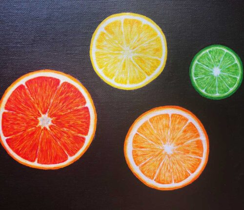 Citrusfrukter i akrylfärg